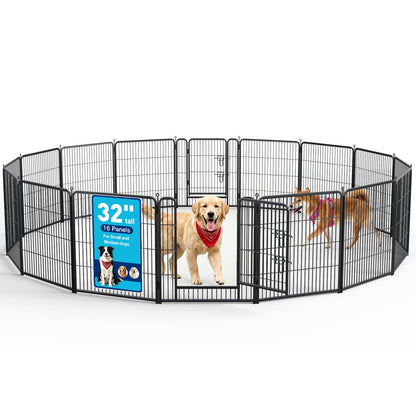 MAKE CHANGES Metal Dog Playpen - 32" Height 16 Panels Foldable Exercise Pen for Dogs Indoor/Outdoor Pen with Door for Pet Animals Portable Pet Playpen Polygon Dog Enclosure (Black)