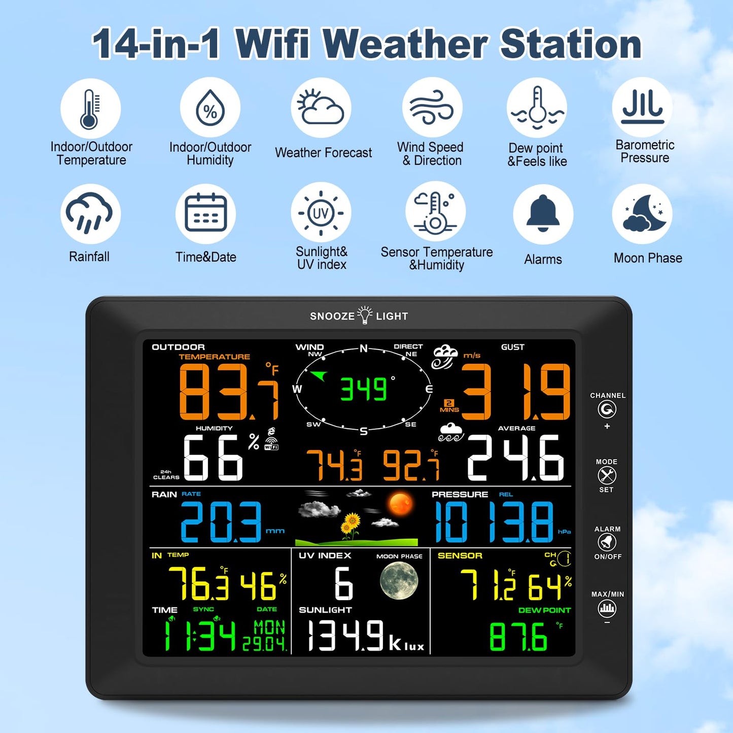 Urageuxy 14-in-1 Wi-Fi Weather Station, 8.07" Color Display, Weather Stations with Rain Gauge, Wind Speed/Direction, Temperature, Humidity, Barometer, UV, Forecast for Home, Garden, and Backyard