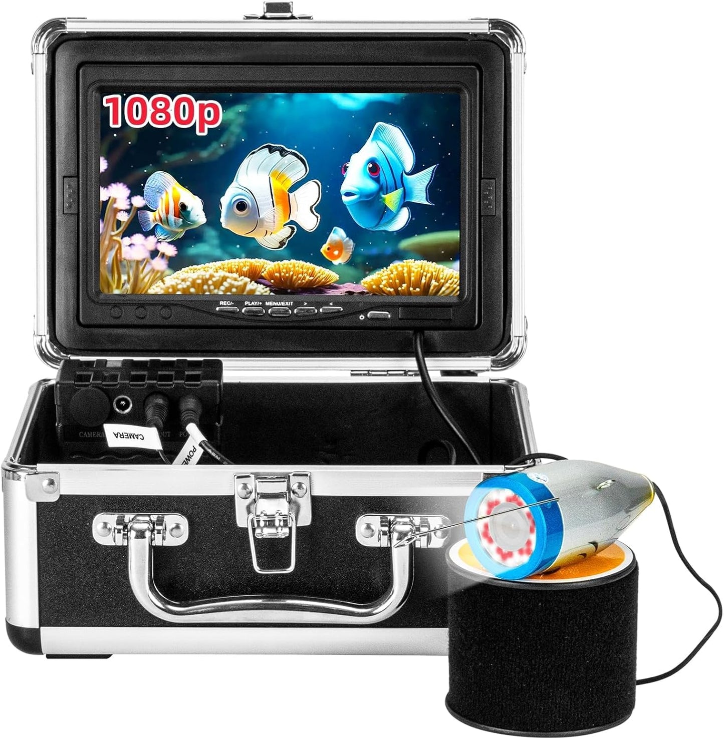 WOSHIJIE Underwater Fish Finder Camera, 7 Inch HD LCD 1080p Display, 1200TVL IP68 Waterproof with 36 Infrared White Dual Lights, Portable DVR for Boat Lake Ice Fishing