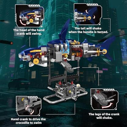 Mechanical Shark Building Set with Lights Rotatable Link Components &amp Display Stand STEM Building Set for Boys 8-14 Home Office Decor for Adults Mechanical Enthusiasts（631PCS）