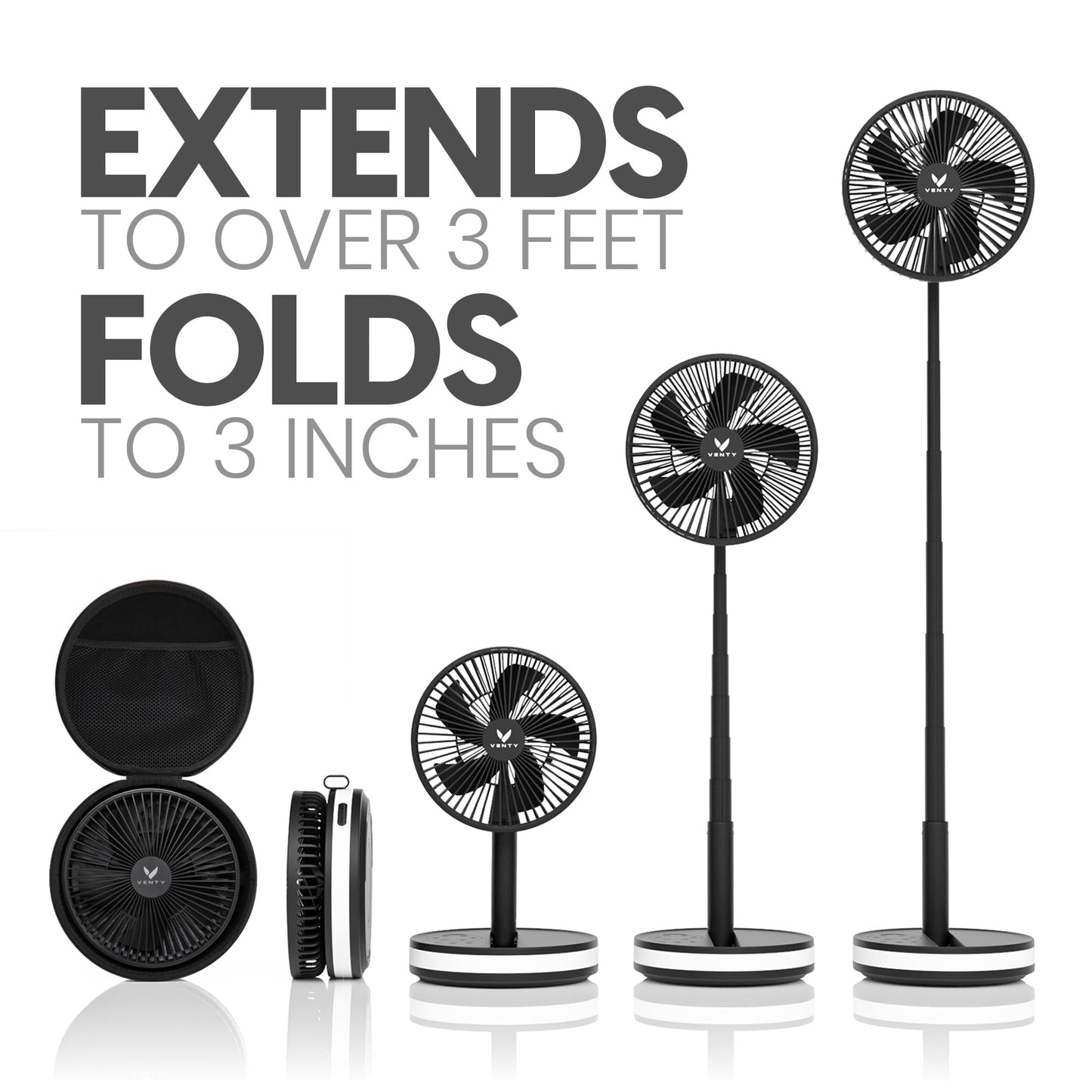 VENTY Portable Fan - Wireless Battery Operated Fan - 4 Speeds - LED Lighting - Carry Case & Remote Control - Cruise Travel - Outdoor Travel RV Power Bank With USB-C Port (Black with Case)
