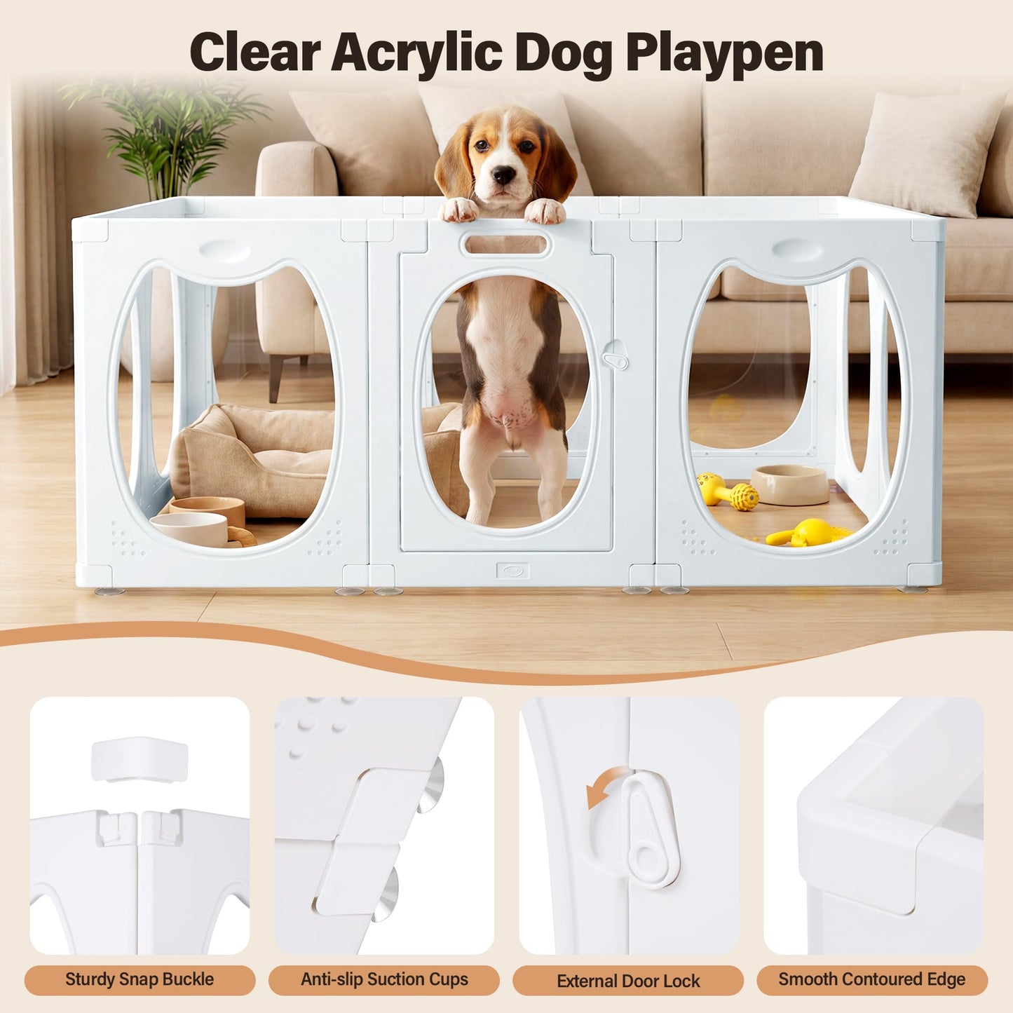 Homgava Clear PET Dog Playpen Indoor, 10-Panel Heavy-Duty Transparent Puppy Playpen, Modular Pet Fence Enclosure for Small Medium Dogs, Easy to Assemble (White,24 Inch H, 10 Panels)