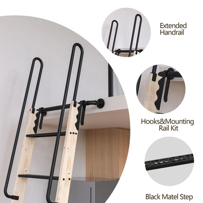 LKCBITION 60inch Knotty Pine Wood Library Ladder with Black Metal Step and Handle, Includes 24inch Rustic Black Wall Mount Pipe Railing with Hooks(Suitable Installation Height 58-3/4")