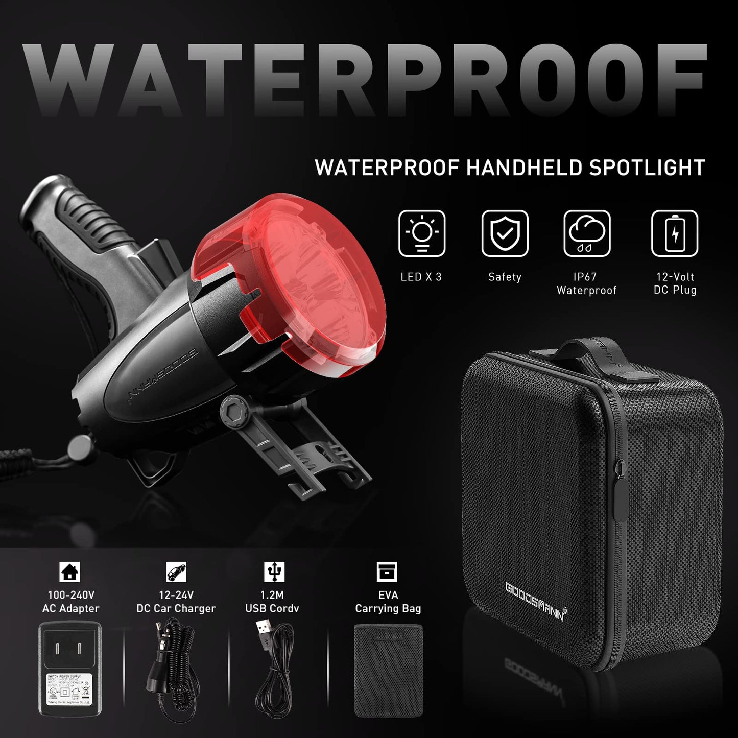 GOODSMANN Rechargeable Spotlight LED Portable Handheld Searchlight up to 6000 Lumen IP67 Waterproof Marine Spot Light for Hiking Boating Camping Hiking with EVA Carrying Case and Red Filter Lens