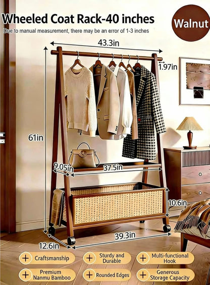 TEDIDUWA 61" Heavy Duty Rolling Clothes Rack, 110 lbs Capacity Solid Bamboo Garment Rack with Double Layer Shelf, Portable Wardrobe & Wood Coat Rack for Bedroom, Laundry, Closet (Walnut)