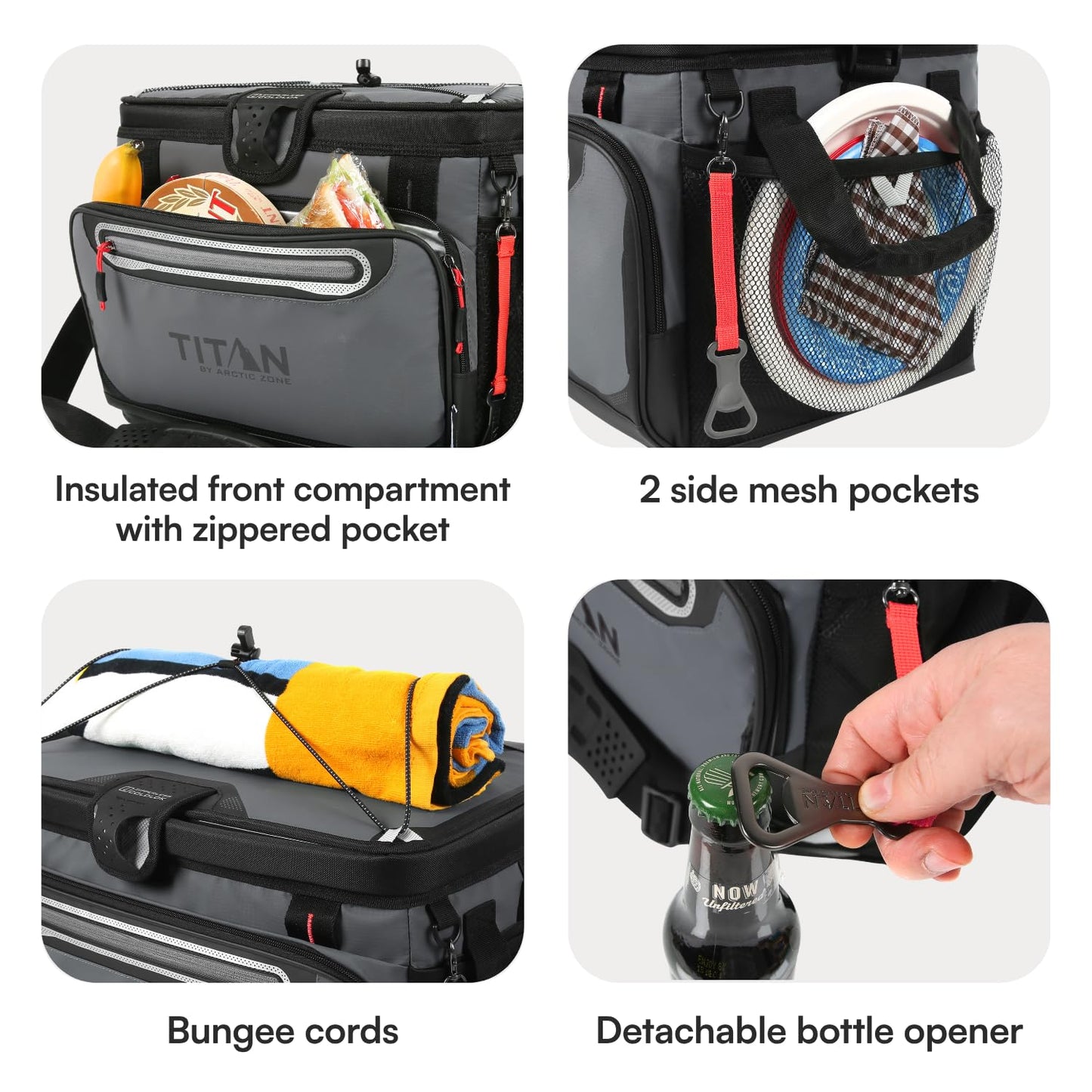 Titan by Arctic Zone Zipperless Soft Sided Cooler with HardBody Liner and SmartShelf, Insulated Bag with Shoulder Strap and Bottle Opener for Beach, Picnic, and Travel, 48 Can Capacity, Sharkskin Gray
