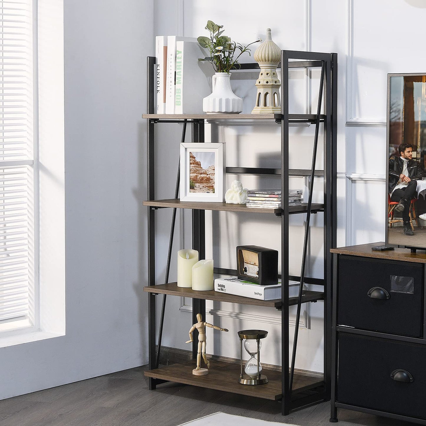 Giantex 4-Tier Bookshelf, No-Assembly Folding Industrial Storage Shelves w/Anti-Tipping Wall Bolt, Large Storage Space Display Rack and Freestanding Storage Organizer