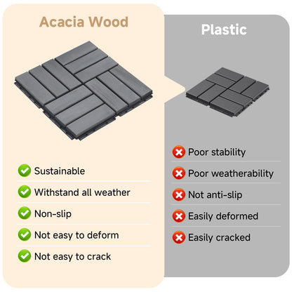 Rovibek Acacia Wood Interlocking Deck Tiles, 30PCS 12"x12" Outdoor Waterproof Decking Tiles, All Weather Use for Balcony Patio Backyard Poolside, Indoor & Outdoor, Checker Gray