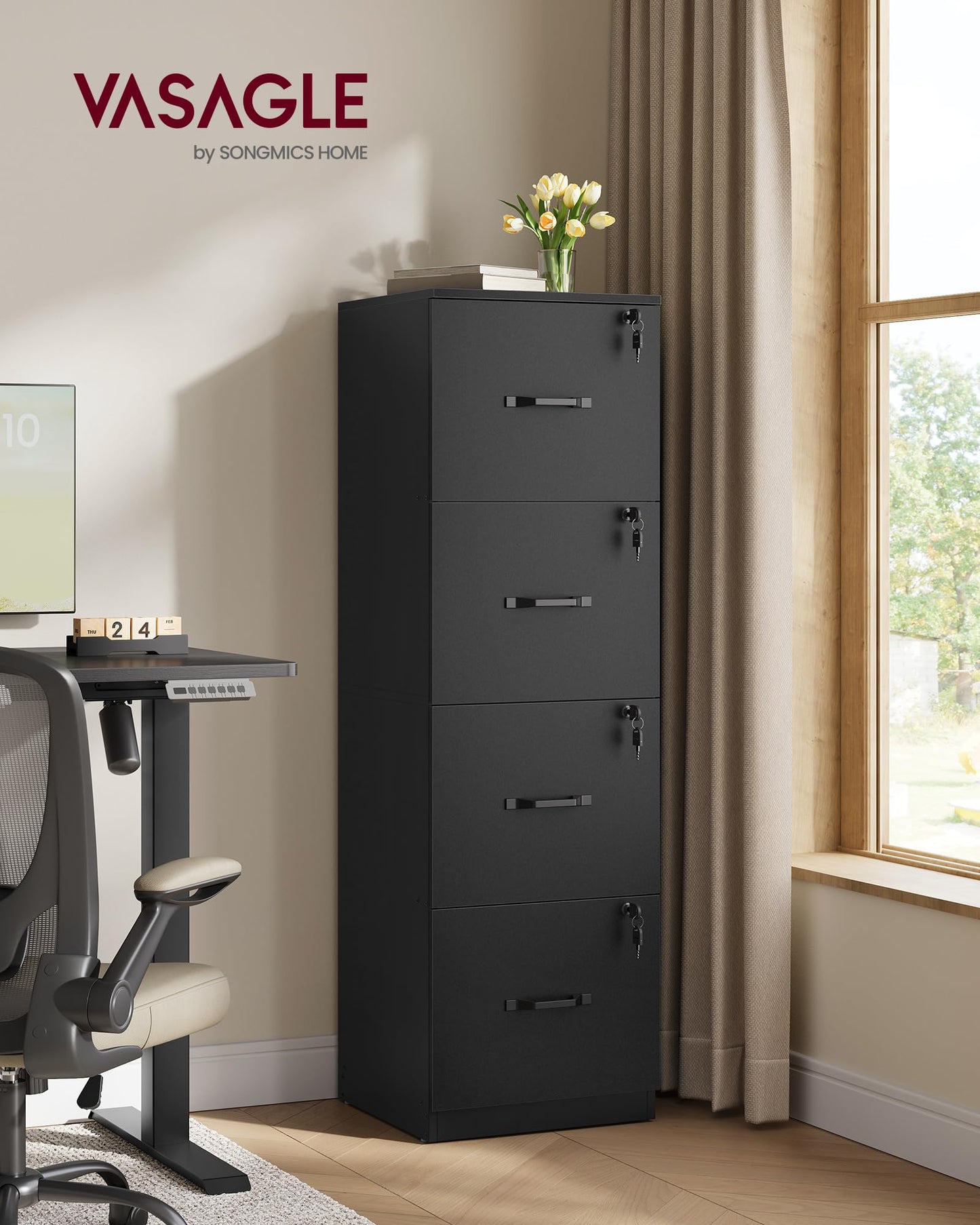 VASAGLE 4-Drawer Vertical File Cabinet, Filing Cabinet for Home Office, Printer Stand, with 4 Lockable Drawers, Adjustable Hanging Rail, for A4 and Letter-Size Files, Ink Black UOFC082B01