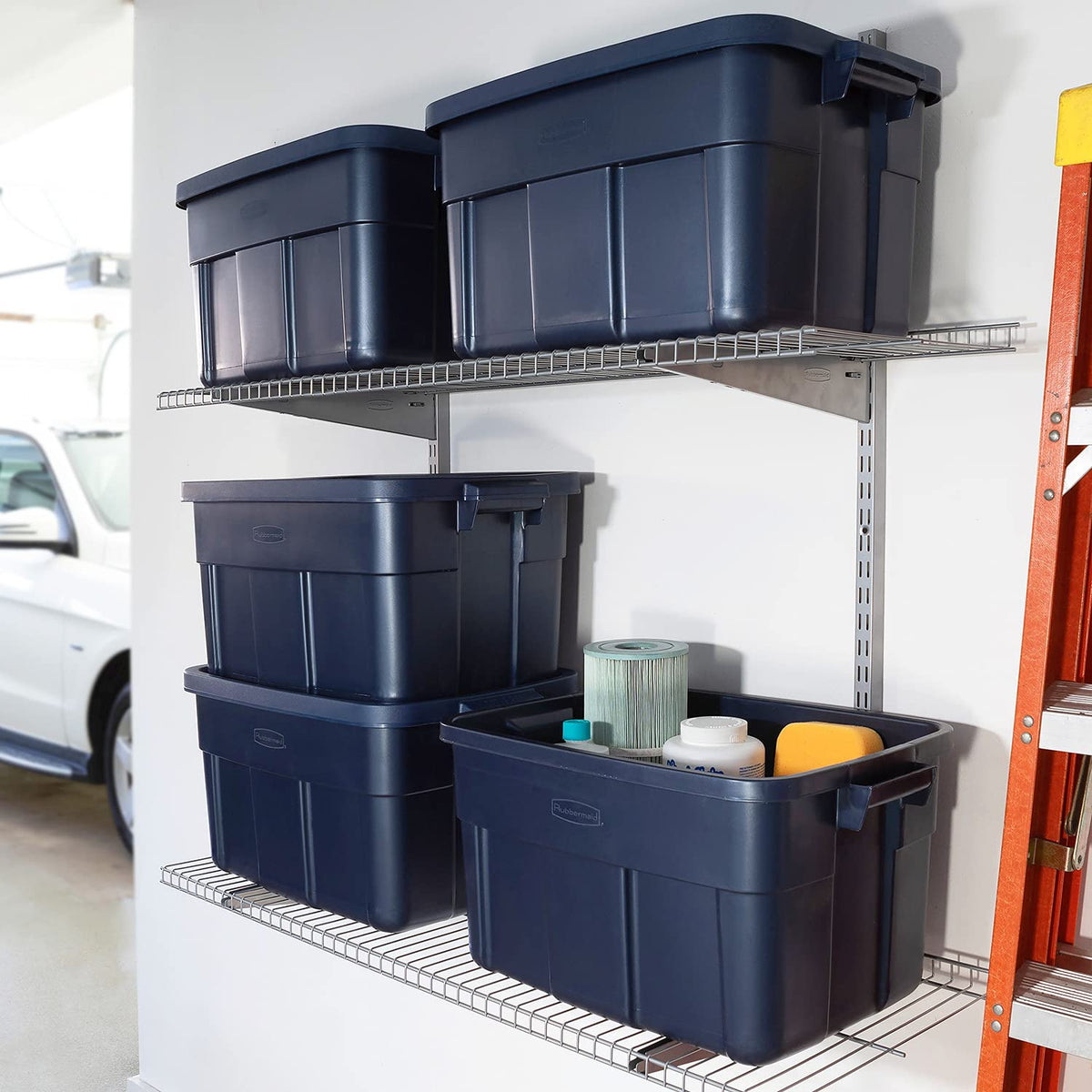 Rubbermaid Roughneck Tote 14 Gal, 6 Pack, Made in USA, Dark Indigo Metallic, Rugged Plastic Stackable Storage Bins with Lids and Handles