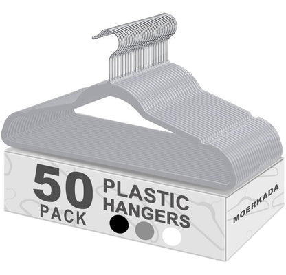 MOERKADA 50 Pack Ultra-Thin Plastic Clothes Hangers (17.7 Inch) - Space-Saving Slim Hangers with Non-Slip Grooves for Wardrobe, Closet & Dorm Organization (Grey)