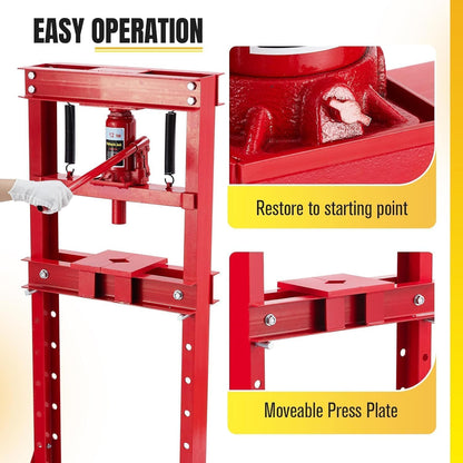 12 Ton Hydraulic Press with Adjustable Table, Heavy Duty H-Frame Hydraulic Shop Press with Movable Plates, Ideal for Auto Repair, Metal Bending, Garage Use, Red