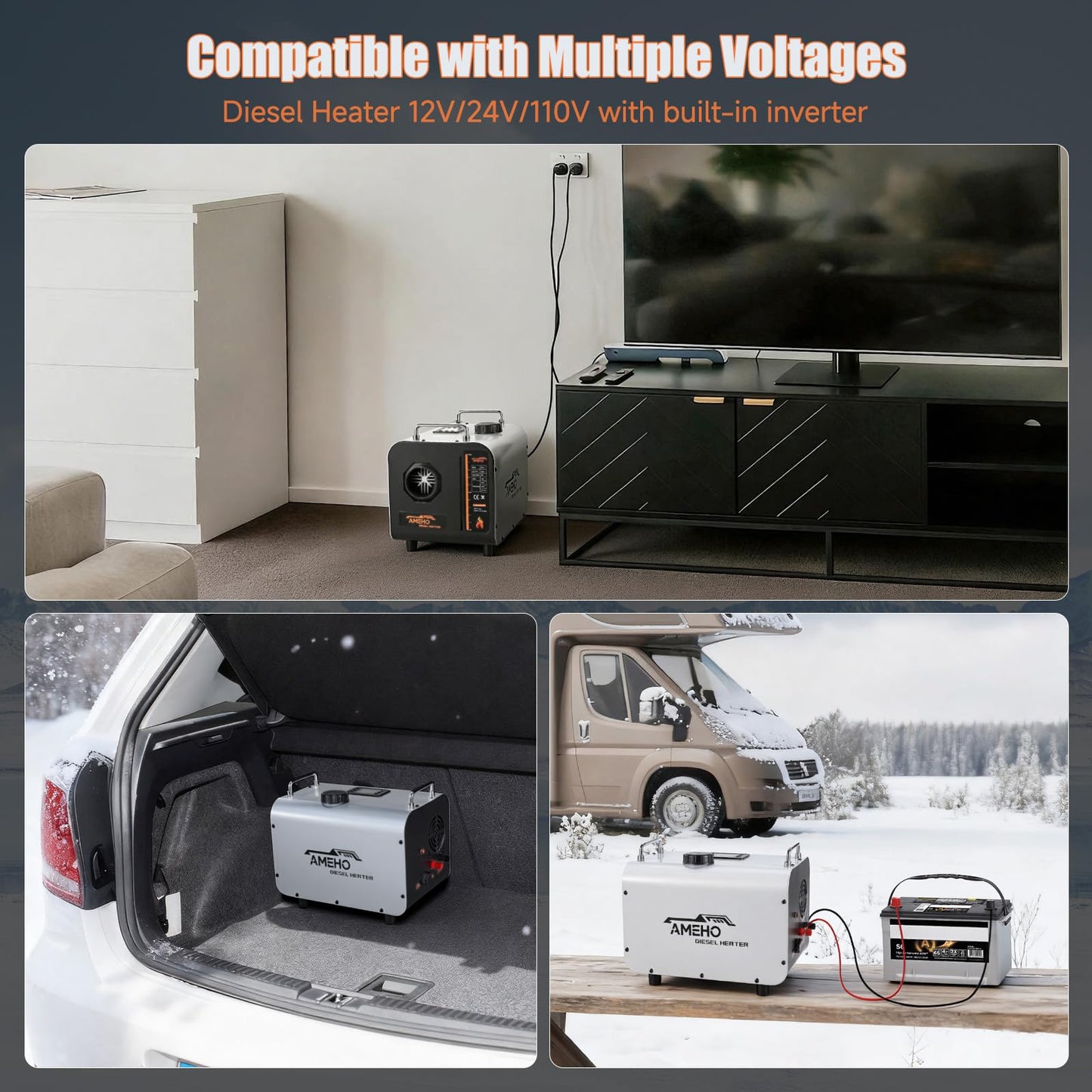 AMEHO 8KW Diesel Heater, 12V/24V/110V All in One Portable Parking Heater for RV Trailer Truck Camper, Diesel Car Heaters with Thermostat & Remote Control & LCD Screen