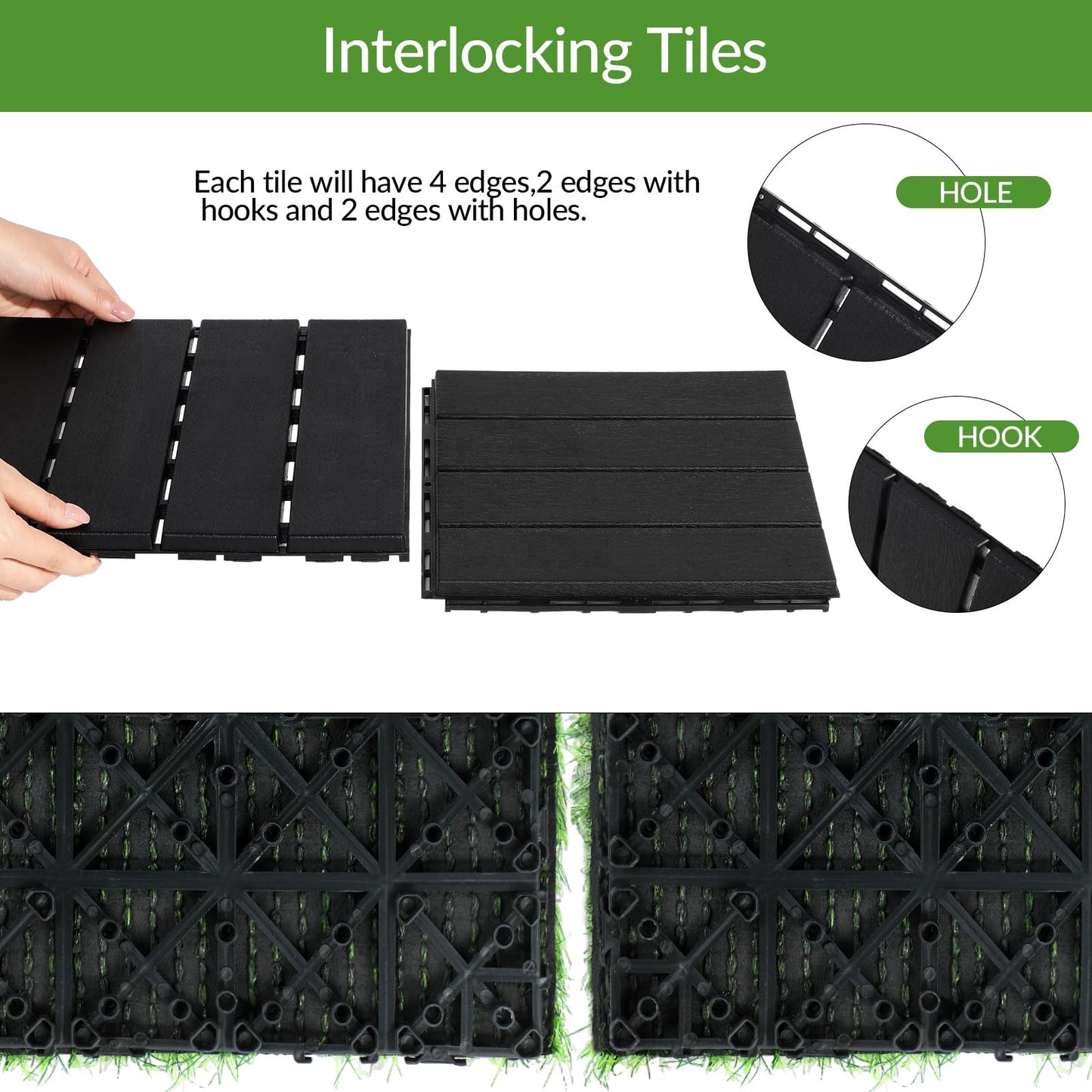 Treela 48 Pcs 12"x12" Plastic Interlocking Deck Tiles and Artificial Grass Tiles Waterproof Patio Balcony Flooring Covers 46.5 Sq. ft for Balcony Patio Deck Flooring Decor