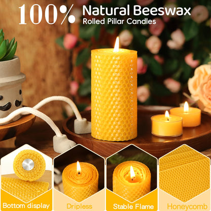 3 Pack Natural Beeswax Pillar Candles,Handmade Pure Beeswax Rolled Candle-60 Hours Long Burning,Honeycomb Bees Wax Candles for Home, Prayer,Dripless Smokeless Unscented Pillar Candle 2x4in