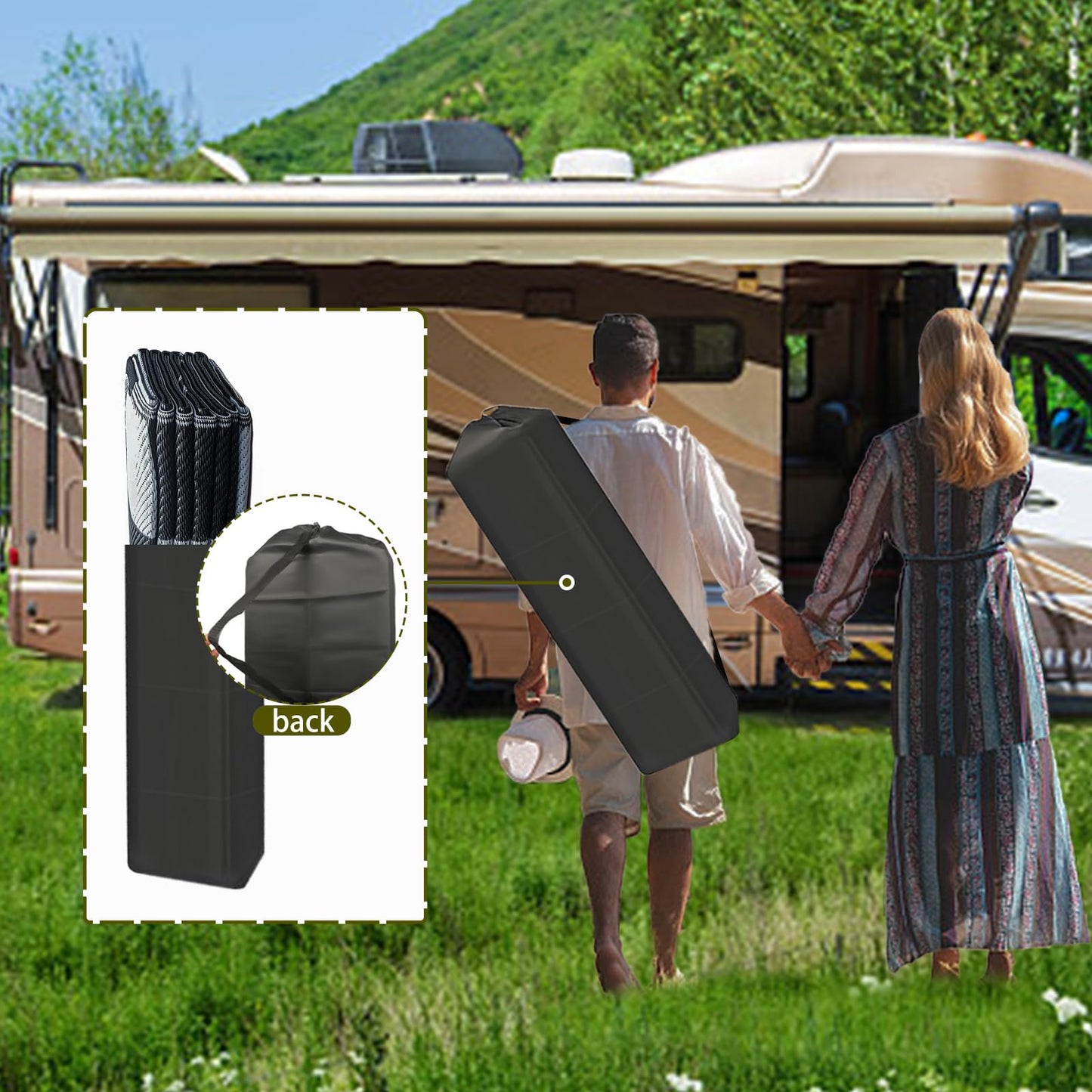 EEZ RV Products 9ft x 18ft Heavy Duty Reversible/Durable Outdoor Patio/RVing Camping Mats Come with Large Storage Bag & 6 Sets of Stakes and Washer, Black & White Checker Flag