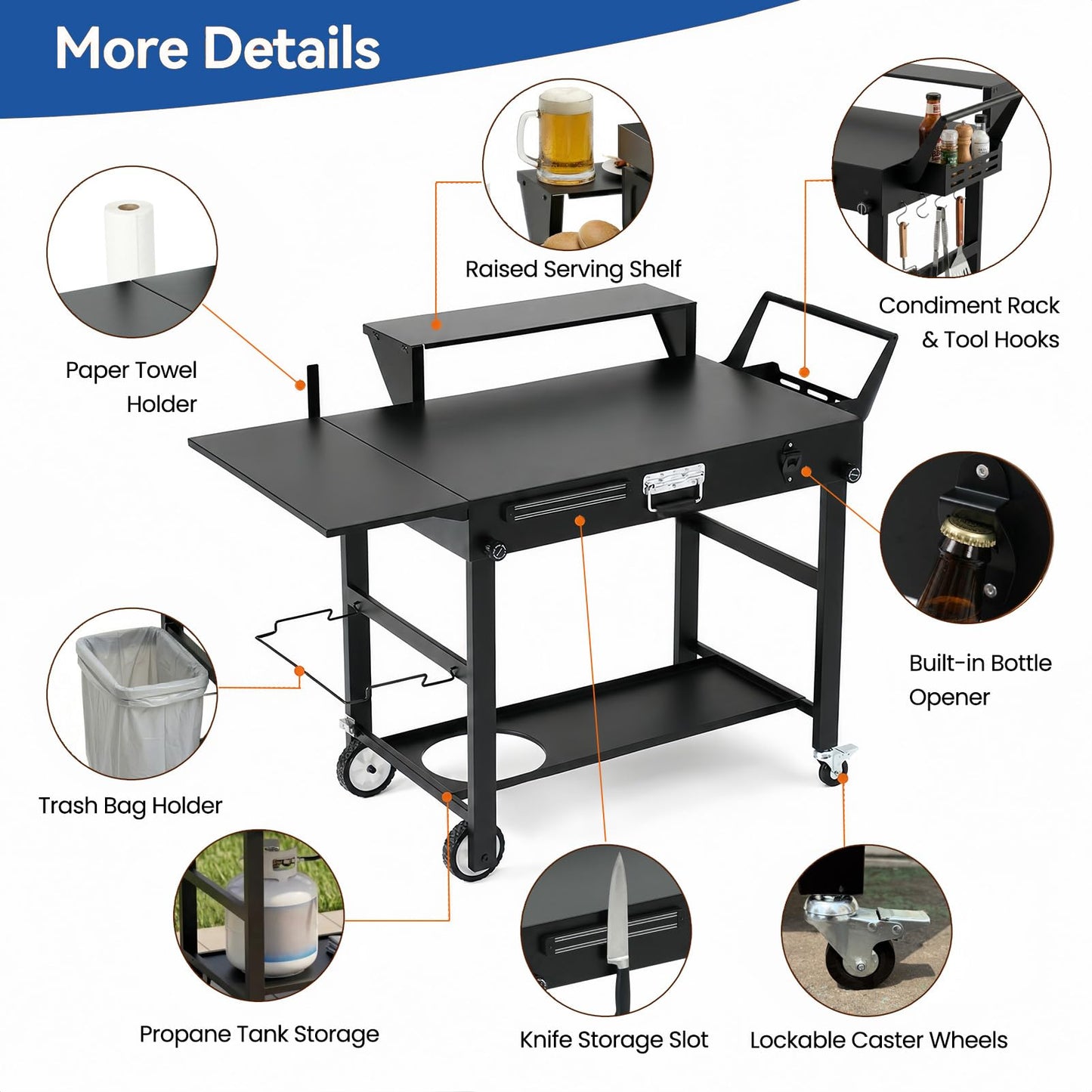 Grill Cart for Blackstone 17 and 22 Inch Griddle – 31.5" Tall Outdoor Griddle Table with Wheels, BBQ Prep Station with Side Shelf, Bar Top Shelf and Lower Storage, Foldable, Pizza Oven Compatible