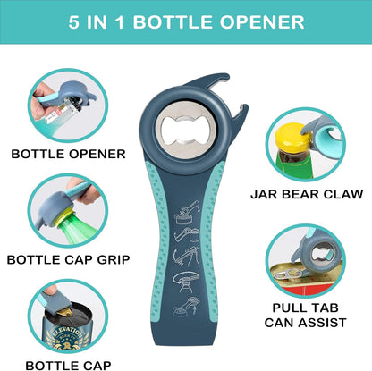Skiennix Jar Opener - 5-in-1 Multi-Function Lid Opener for Seniors with Arthritis | Non-Slip Grip Pad (Blue)