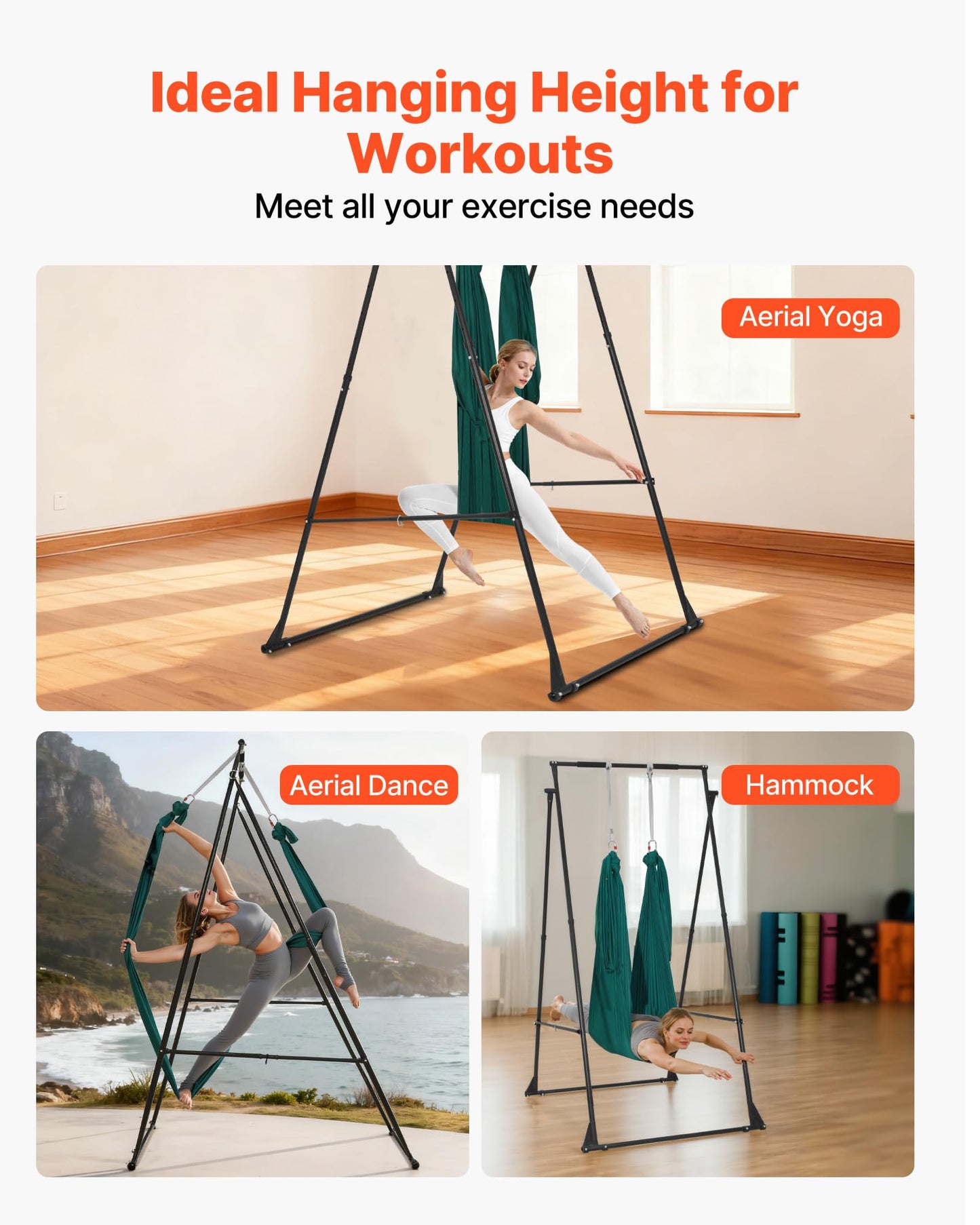 VEVOR Yoga Stand Frame, Max 440.9 lbs Load Swing Stand, Triangular Structure Pull Up Stands, Aerial Silk Stands with EVA Foam & 6.6-Yard Yoga Hammock, 4-Level Horizontal & 6-Level Vertical Adjustment