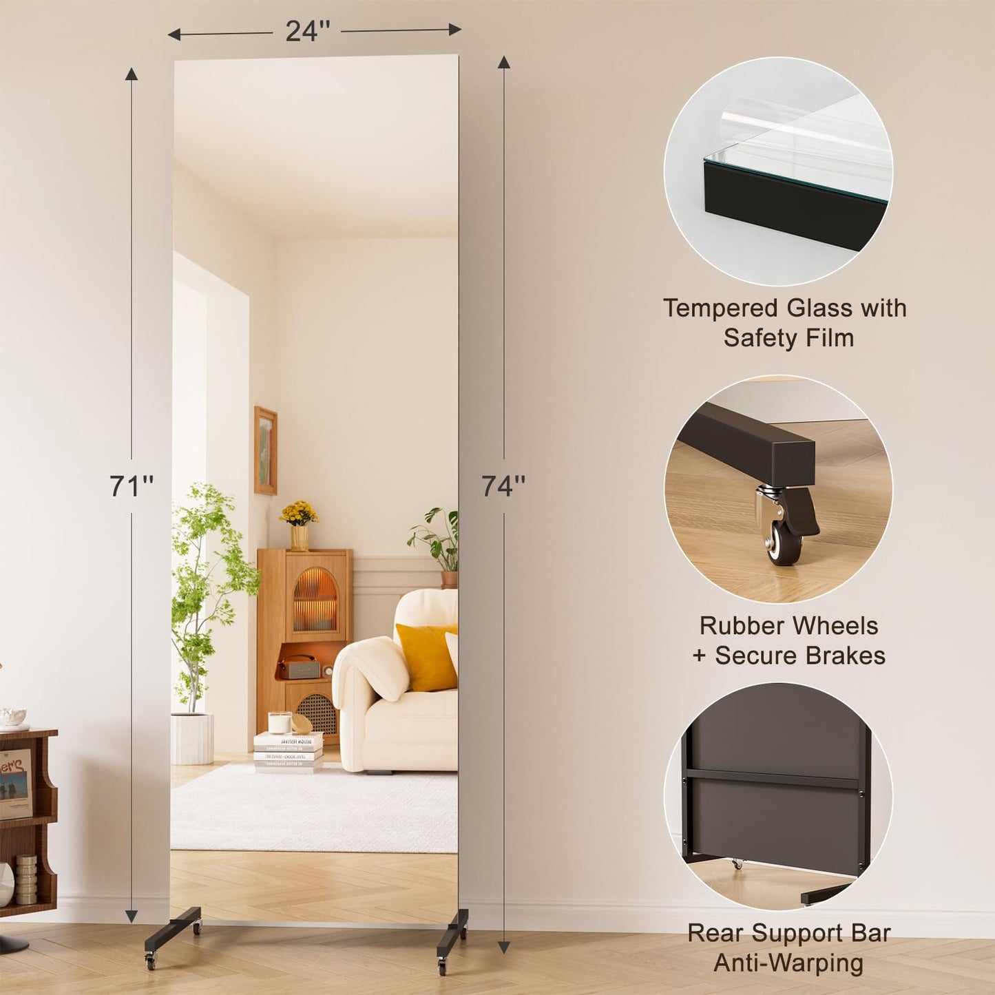 brisafe 70" x 22" Full Length Rolling Floor Mirror on Lockable Wheels, Rectangular Shatter-Resistant Safety Glass, for Home Dance Studio & Yoga, Black Metal Frame and Stand