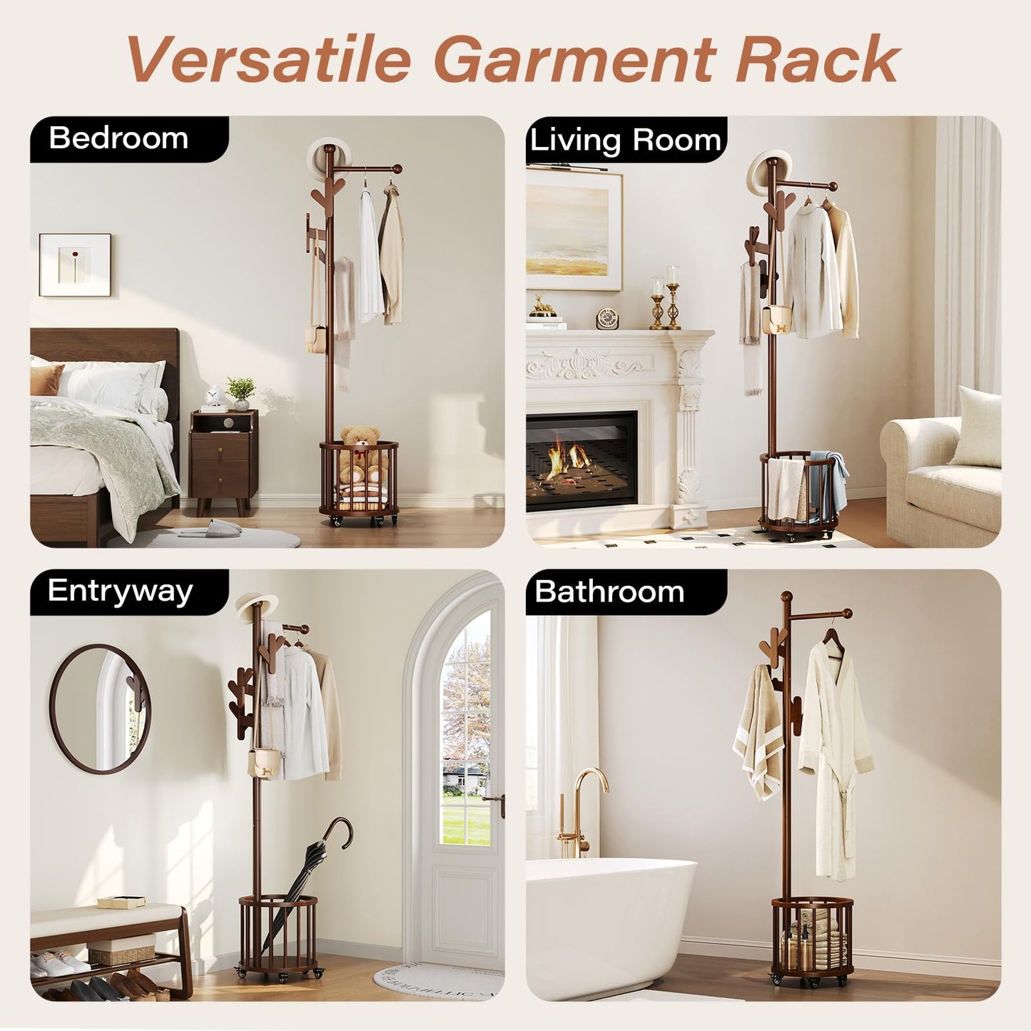 VOOVY Heavy Duty Coat Rack with Wheels & Storage Basket - Solid Rubberwood Standing Hat Rack with 10 Hooks, 4 Casters, Rolling Garment Rack for Bedroom Entryway Living Room, Walnut, Easy Assembly