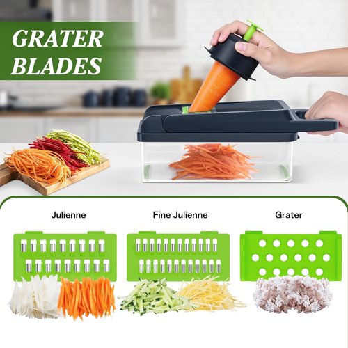 HomeHacks Vegetable Chopper - 12-in-1 Multi-Functional Kitchen Gadget for Dicing, Slicing & Grating | Green