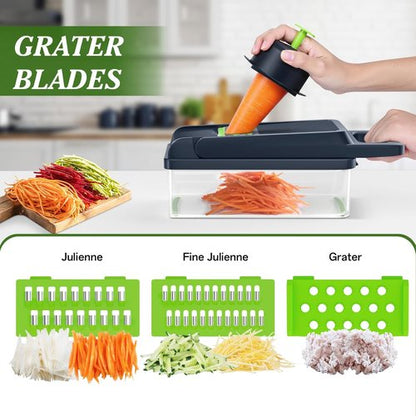 HomeHacks Vegetable Chopper - 12-in-1 Multi-Functional Kitchen Gadget for Dicing, Slicing & Grating | Green
