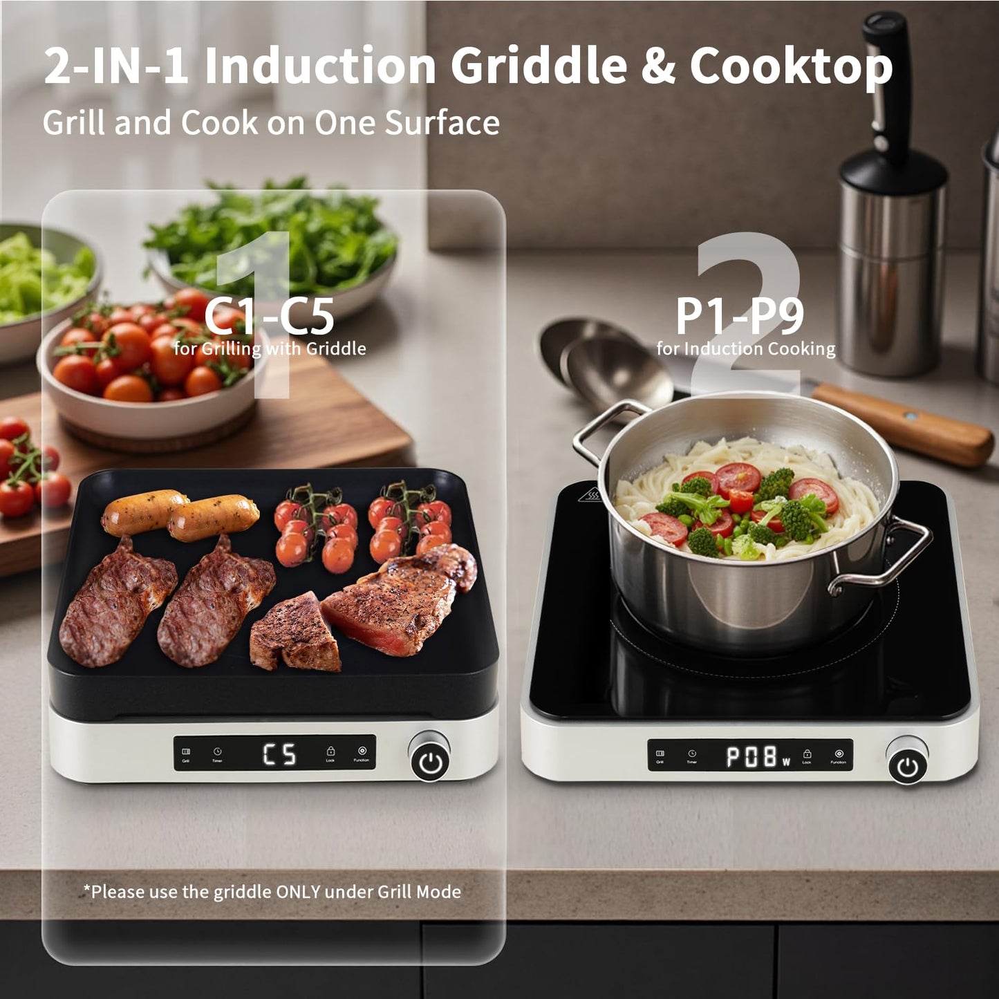 Cooktron 2-in-1 Induction Cooktop with Grill Pan – Portable 1 Burner Induction Hot Plate 1800W, Removable Griddle, 10 Power & 5 Temp Levels, Touch & Knob Control for Kitchen or RV Camping