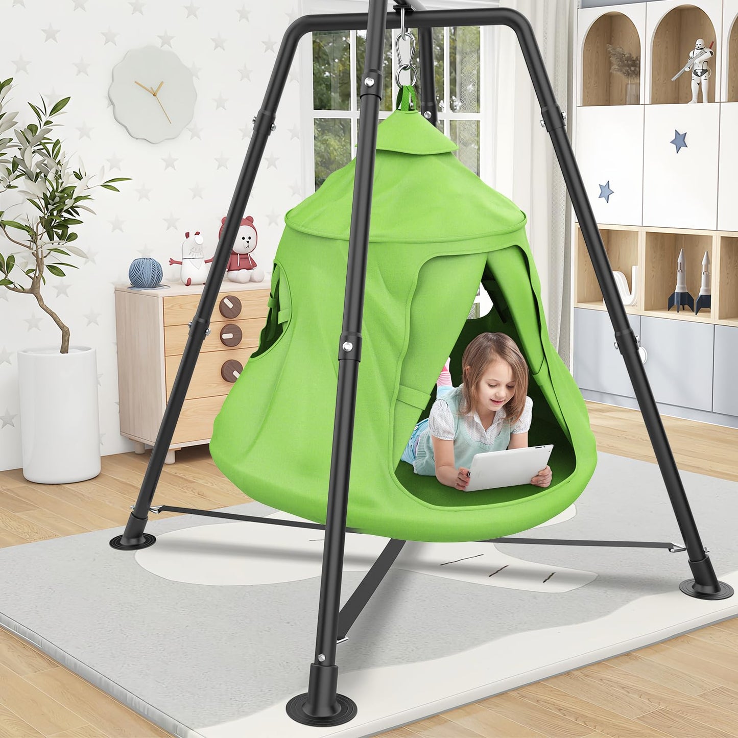 Swing Set with Tent Swing, X-Shaped Swing Frame with Sensory Swing, Tent Swing with Swing Stand, Hammock Chair with Stand, 330 lbs Capacity, w/Rainbow Lights String, Indoor/Outdoor Use(Green)