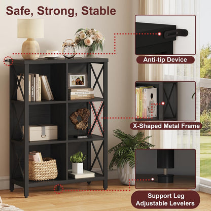 FATORRI 6 Cube Storage Organizer with Storage, Modern 4-Tier Bookshelf with X-Shaped Metal Frame, Black Wood Bookcase for Living Room, Home Office, Bedroom, Easy Assembly