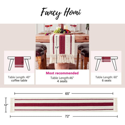 Fancy Homi Burgundy Table Runner 72 Inches Long Boho Macrame Christmas Table Runner for Home Decor, Farmhouse Table Runners with Tassels for Party Rustic Bridal Shower Dining Decor 12x72 Inches