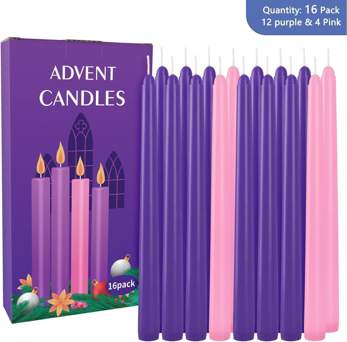 16-Pack Christmas Advent Candles (12 Purple & 4 Pink), 10 Inch Taper Candles for Holiday Decor - Unscented, Dripless & Long-Lasting for Church, Christmas, Weddings and Table Centerpieces