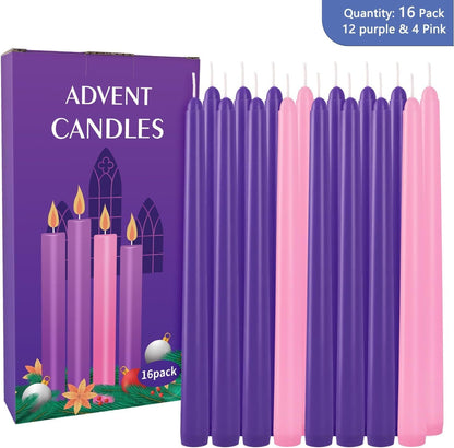 16-Pack Christmas Advent Candles (12 Purple & 4 Pink), 10 Inch Taper Candles for Holiday Decor - Unscented, Dripless & Long-Lasting for Church, Christmas, Weddings and Table Centerpieces