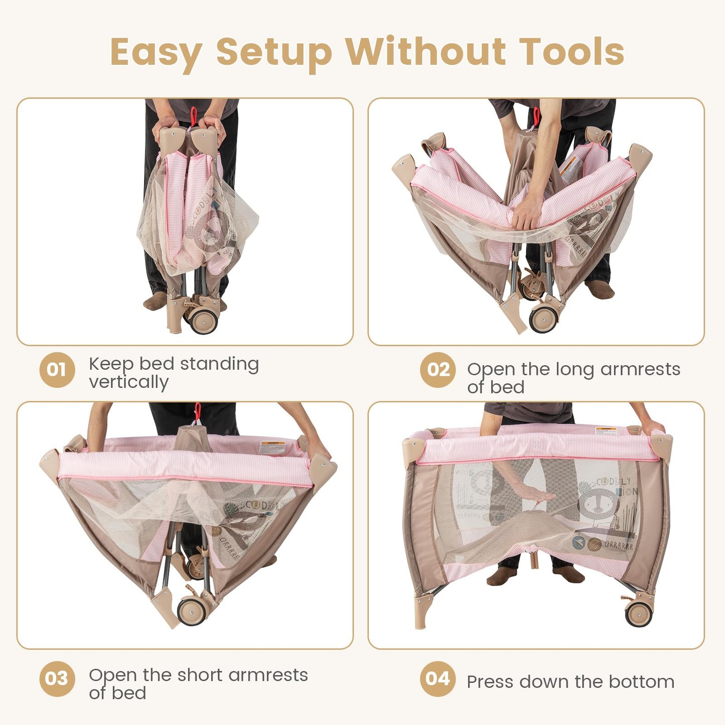 Costzon 3 in 1 Pink Pack and Play with Bassinet, Portable Baby Playard with Changing Table, Music Box, Hangings, Wheels/Brake, Basket, Foldable Infant Pink Bassinet Crib for Baby Girl Toddlers