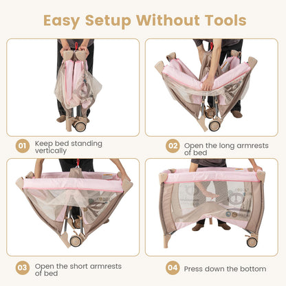 Costzon 3 in 1 Pink Pack and Play with Bassinet, Portable Baby Playard with Changing Table, Music Box, Hangings, Wheels/Brake, Basket, Foldable Infant Pink Bassinet Crib for Baby Girl Toddlers
