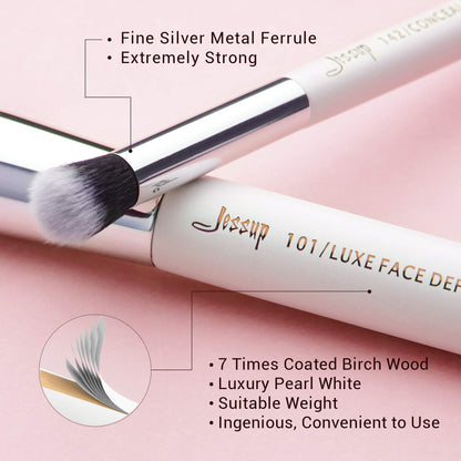 Jessup Brand 25pcs Professional Makeup Brush Set Beauty Cosmetic Foundation Powder Blusher Eyeshadow Blending Highlight Concealer Natural-Synthetic Hair Brushes Set (Pearl White/Silver)