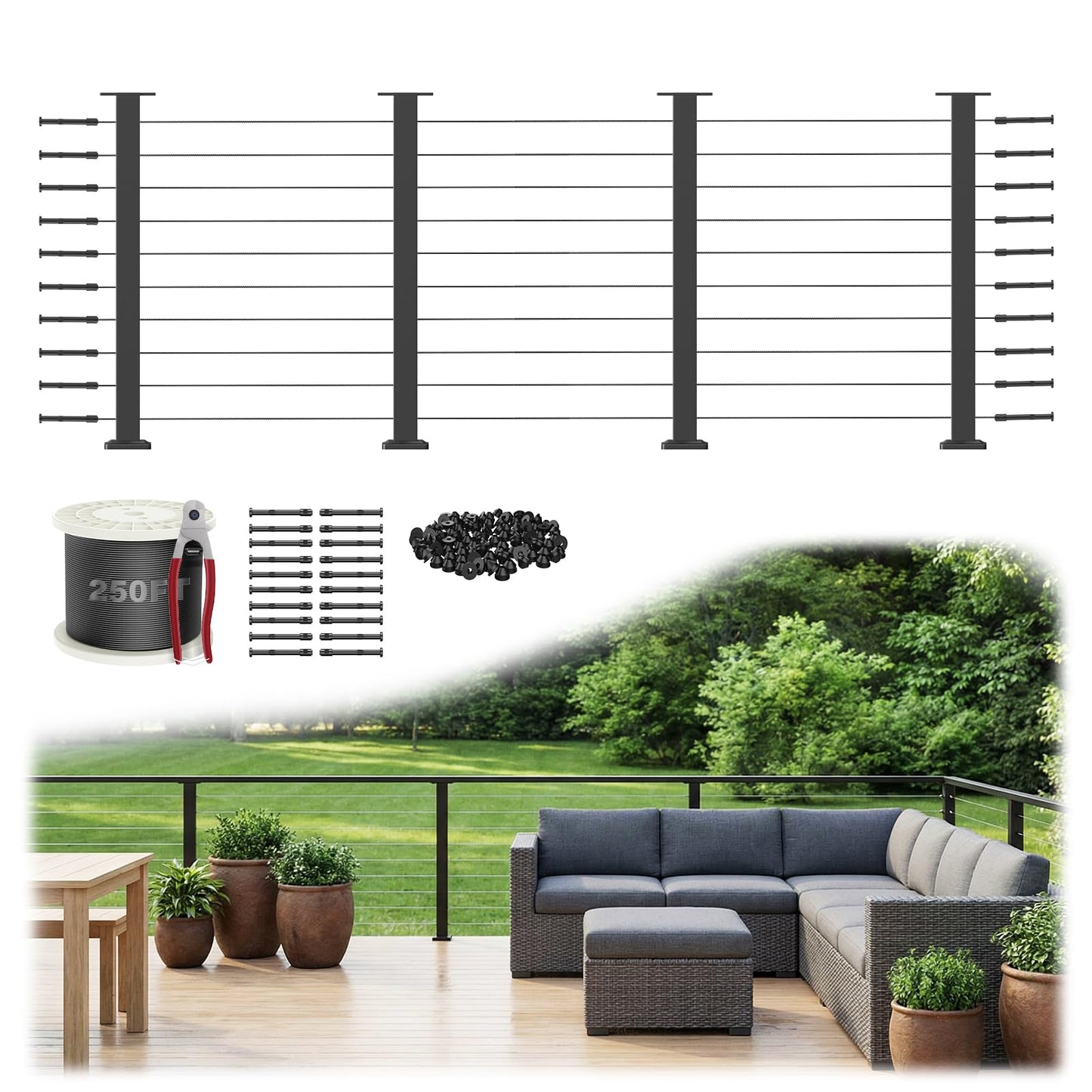 PLANTOP 12-20FT Complete Set 36" Cable Railing Post Kit(35"x2"x2"), 4pcs Stainless Steel Black Flat Top Surface Mount Level Posts,1/8" Wire Rope(No Handrail),Swageless Cable Railing System Kit,MY07-LP