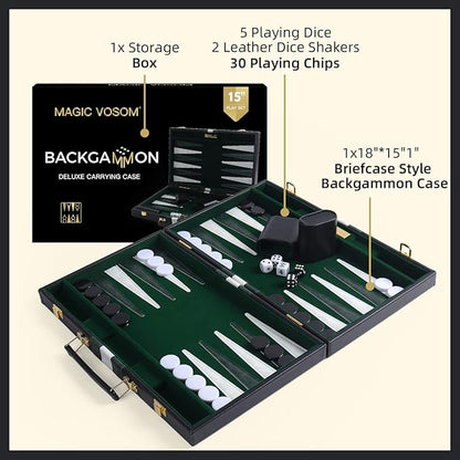 Travel Medium 15 Inch Backgammon Black Sets Classic Board Game with Premium Leather Case Portable Travels Strategy Backgammon Game Set for Adults Kids (Black Medium)