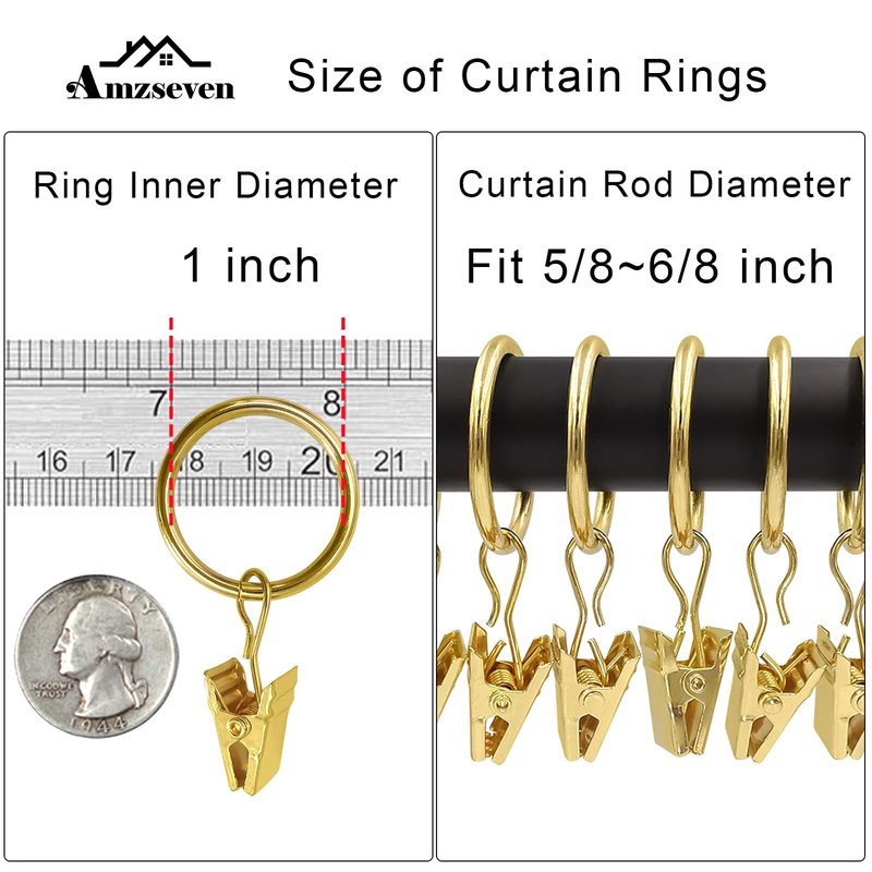 AMZSEVEN 44 Pack Metal Curtain Rings with Clips, Drapery Clips with Rings, Drapes Rings 1 inch Inner Diameter, Fits Diameter 5/8 inch Curtain Rods, Gold