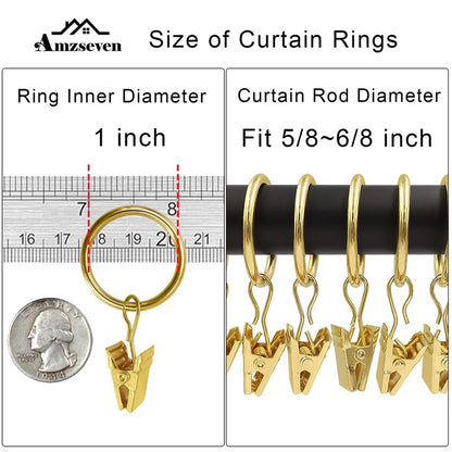 AMZSEVEN 44 Pack Metal Curtain Rings with Clips, Drapery Clips with Rings, Drapes Rings 1 inch Inner Diameter, Fits Diameter 5/8 inch Curtain Rods, Gold