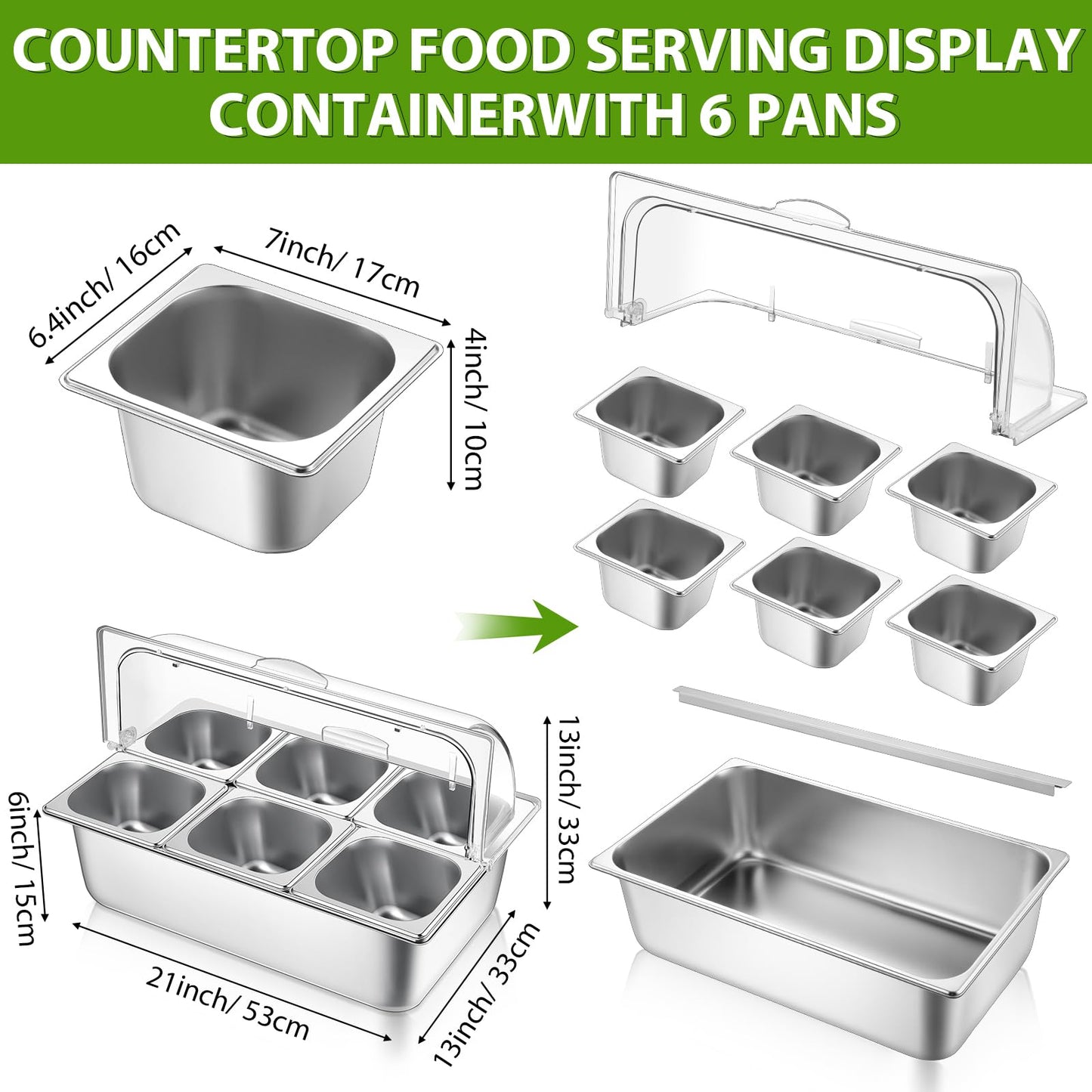 Ziliny Countertop Food Serving Display Container Clear Roll Top Cover 6 Pan Stainless Steel Ice Food Buffet Server Salad Bar Pizza Topping Station Condiment Dispenser Restaurant Kitchen Party(Silver)