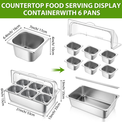 Ziliny Countertop Food Serving Display Container Clear Roll Top Cover 6 Pan Stainless Steel Ice Food Buffet Server Salad Bar Pizza Topping Station Condiment Dispenser Restaurant Kitchen Party(Silver)