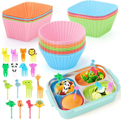 Vicuna R 80PCS Silicone Lunch Box Dividers Kit, Reusable Silicone Cupcake Liners Muffin Cups, Fun Lunchbox Bento Box Accessories, Cute Food Picks for Kids (20 Baking Cups + 60 Animal Picks)