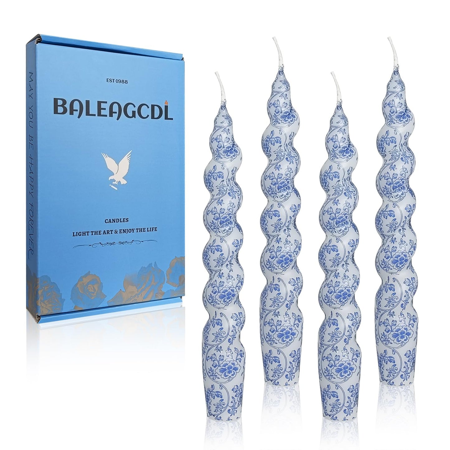 Unscented Floral Taper Candle Spiral Candlesticks - Set of 4 Handmade Blue Flower Twisted Candle 7.5 Inch Short Print Tapered Candles for Home Wedding Dinner Gifts
