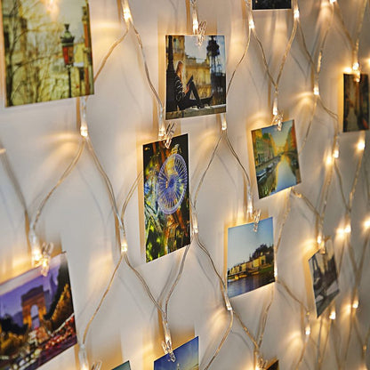 Hiboom Christmas Fairy Lights with Clips, Net Photo Clips String Lights, LED Hanging Photo Display, 8 Modes Battery Operated Christmas Lights for Home Wall Decoration, Warm White(3.3 x 3.3 ft)
