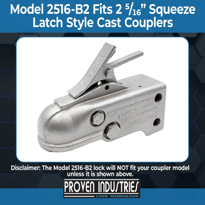 Proven Industries Trailer Lock, Model 2516-B2, Fits Select Cast-Steel 2 5/16 in Adjustable Couplers, 2 Keys Included, Made in USA, Blue