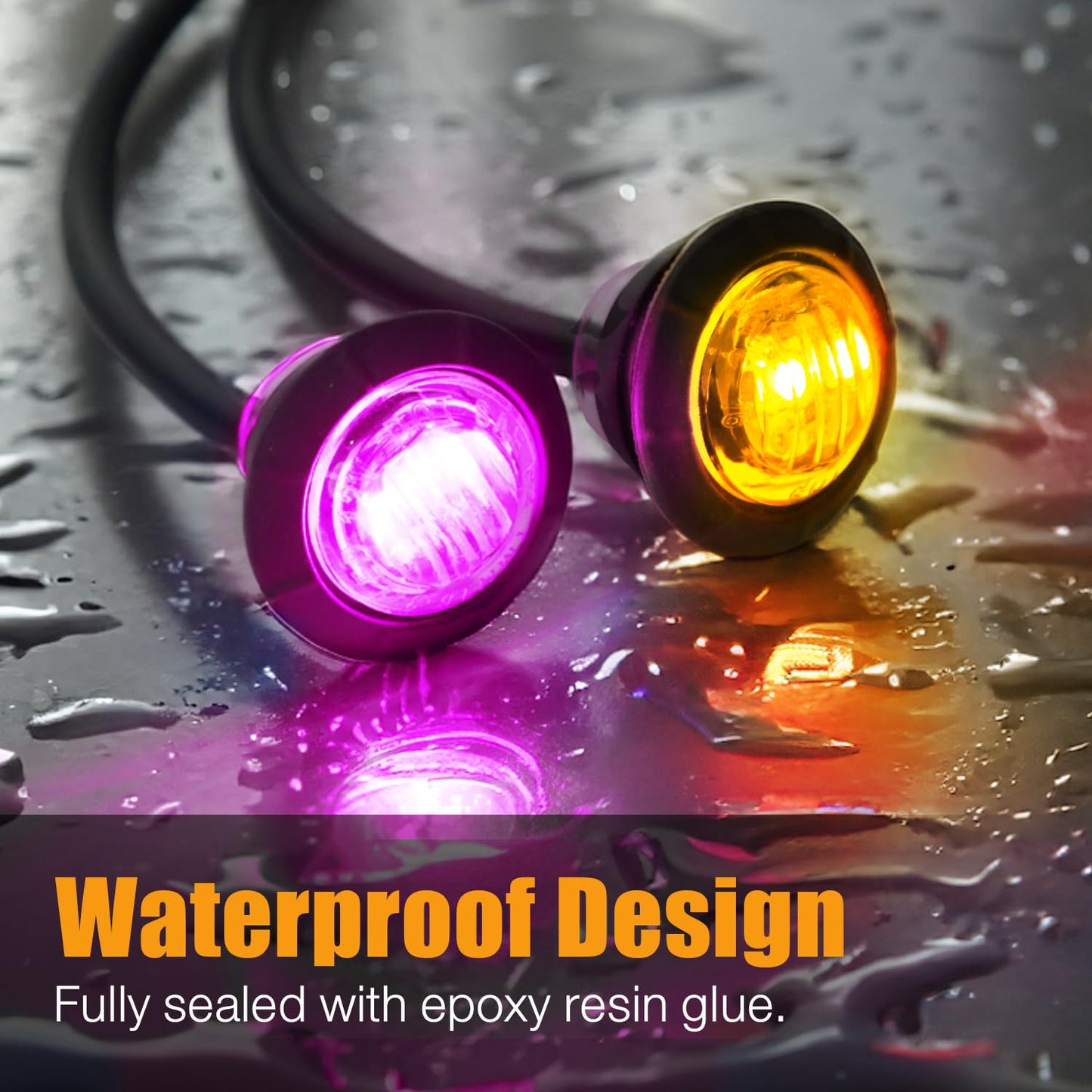 MADCATZ 100 Pcs 3/4" Mini Round Amber to Purple Side Marker Lights with Bullet Connector Plug + 2 Prong Wire Harness Roll, 100 Female Plugs - 6.5 inch Lead for Truck Trailer Pickup 12V DC