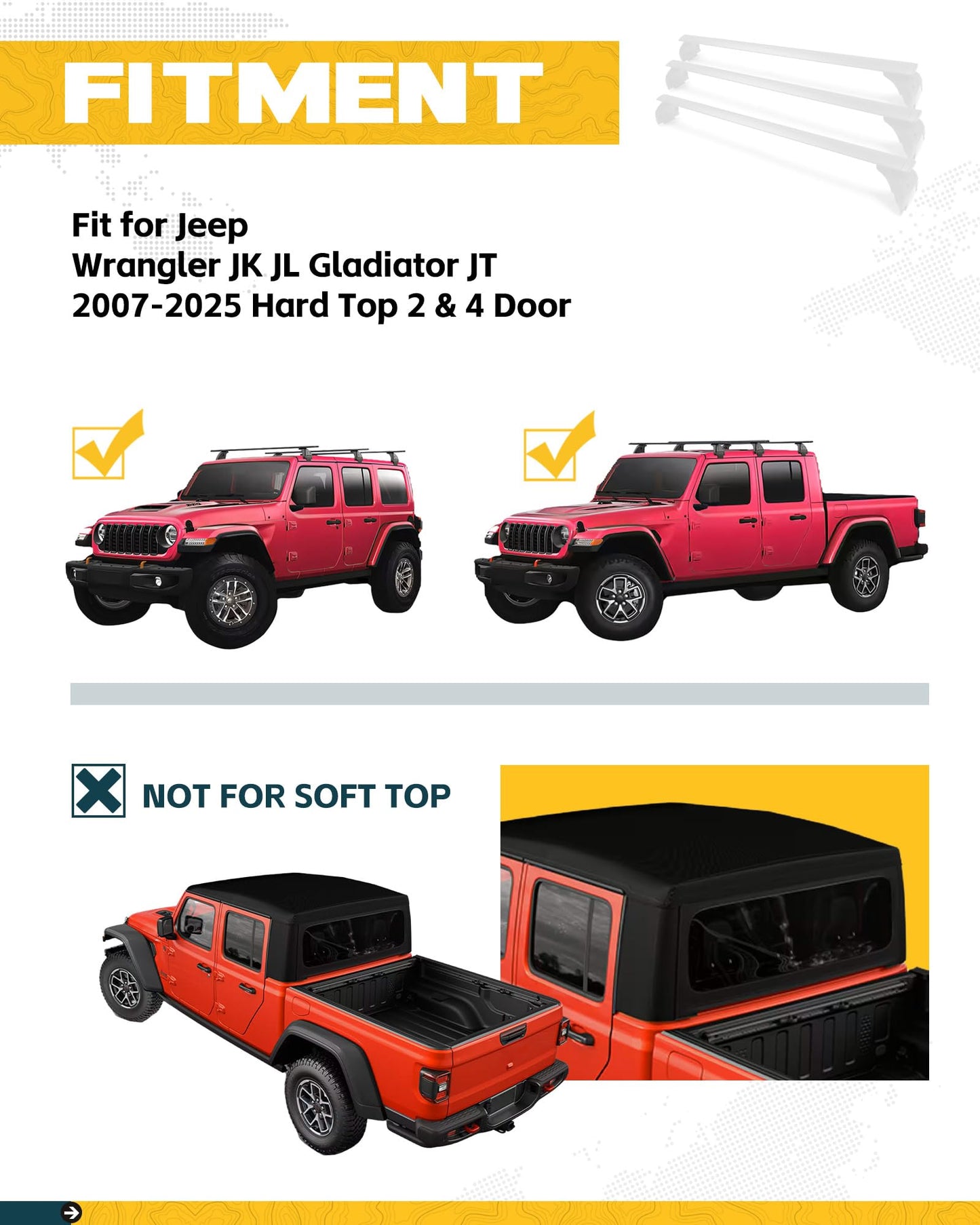Trumgeta 330lbs Heavy Duty Roof Racks 3PCS Fit for Jeep Wrangler JK JL Gladiator JT 2007-2026 Hard Top 2 & 4 Door W/Anti-Theft Lock Cross Bars for Tent Travel Bike Kayak Snowboard