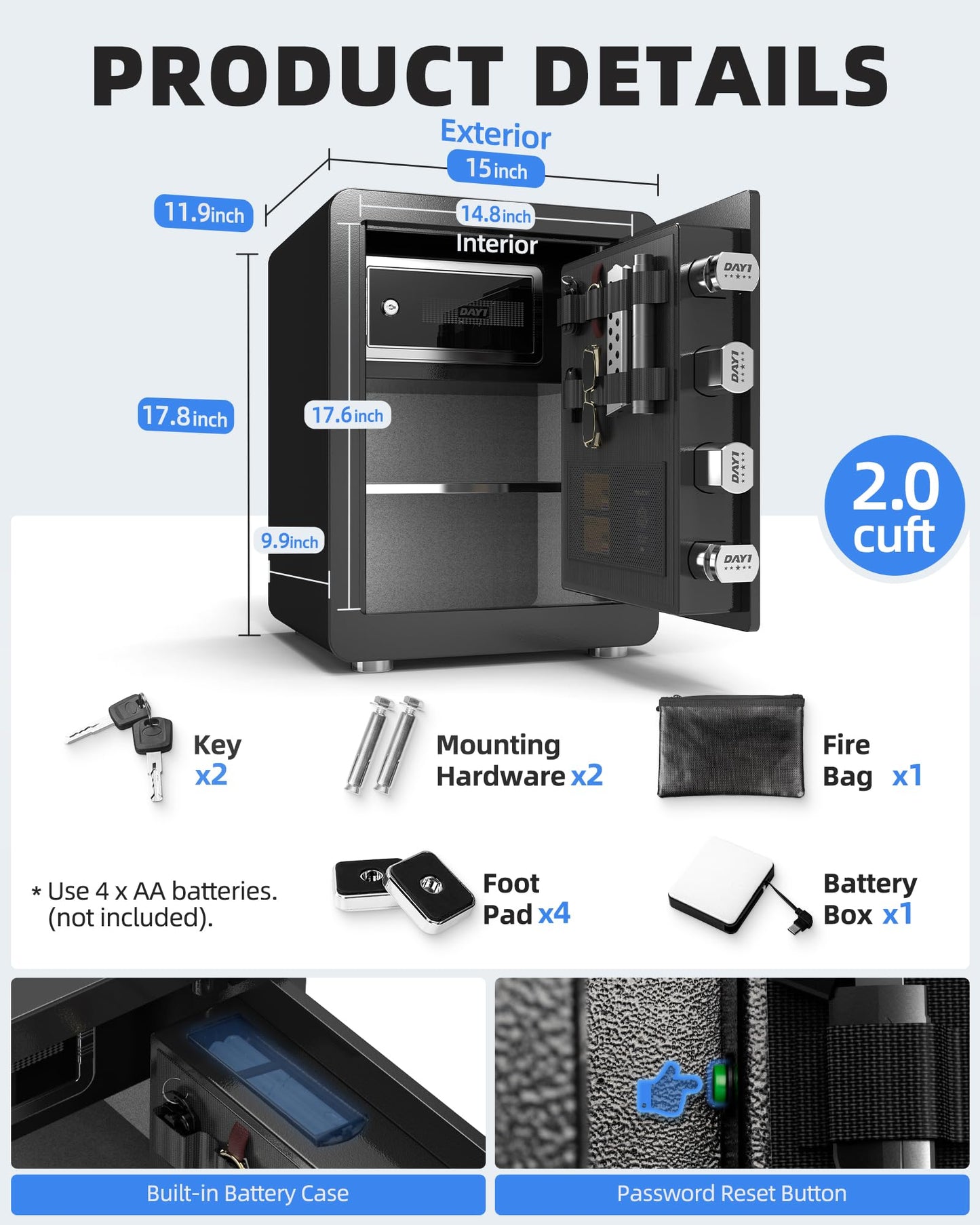 DAYI Biometric Fingerprint Safe Box, 2.0 Cubic Feet Home Safes with Fireproof Bag, Digital Touchpad Security Safe for Money Cash Documents, Dual Alarm System - 45 Pro