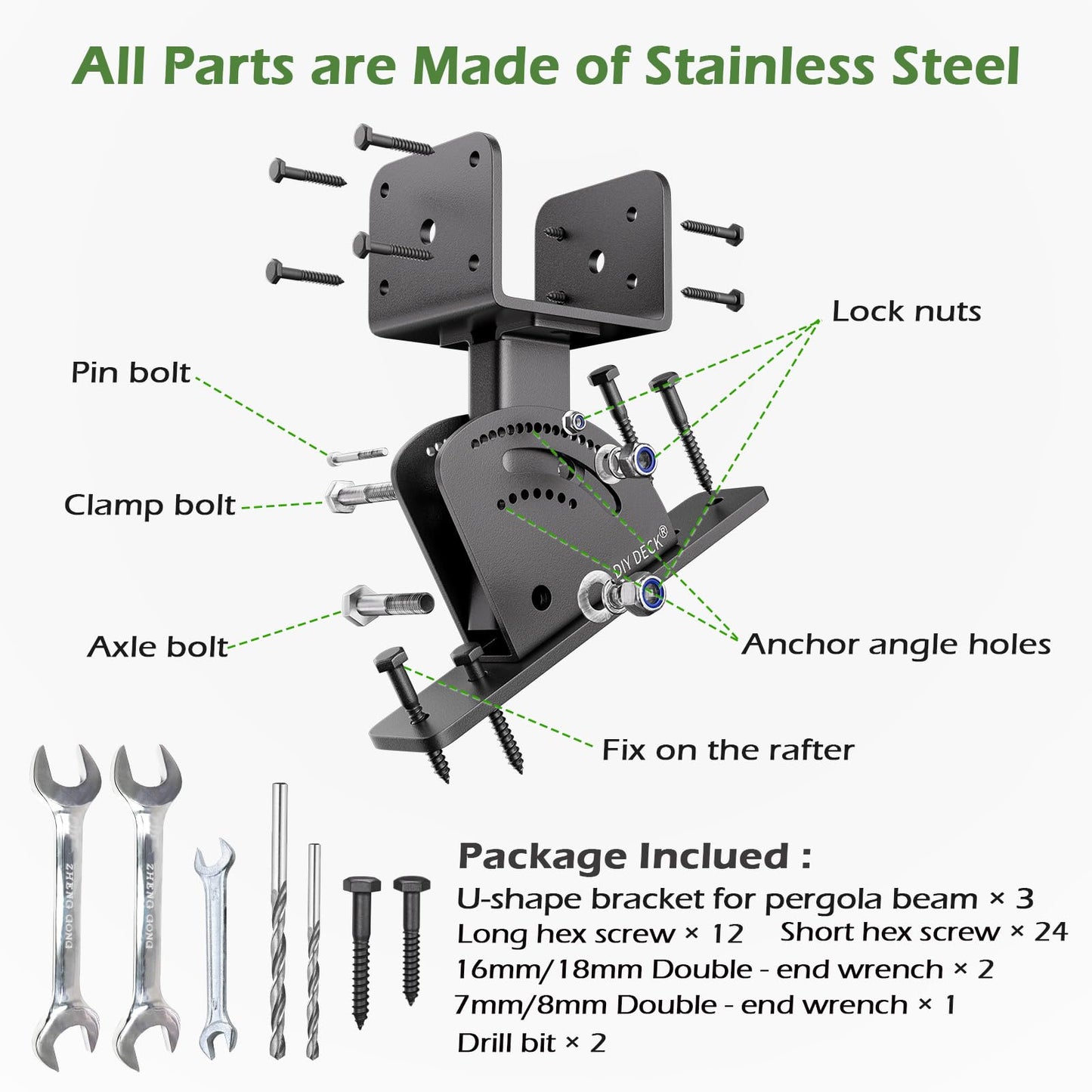Patio Roof Riser Adjustable & Anchored Angle Pergola Roof Riser Heavy Duty Stainless Steel Roof Mount Brackets Support for 4x4/4x6 Lumber (3Pack)(Patent Pending)